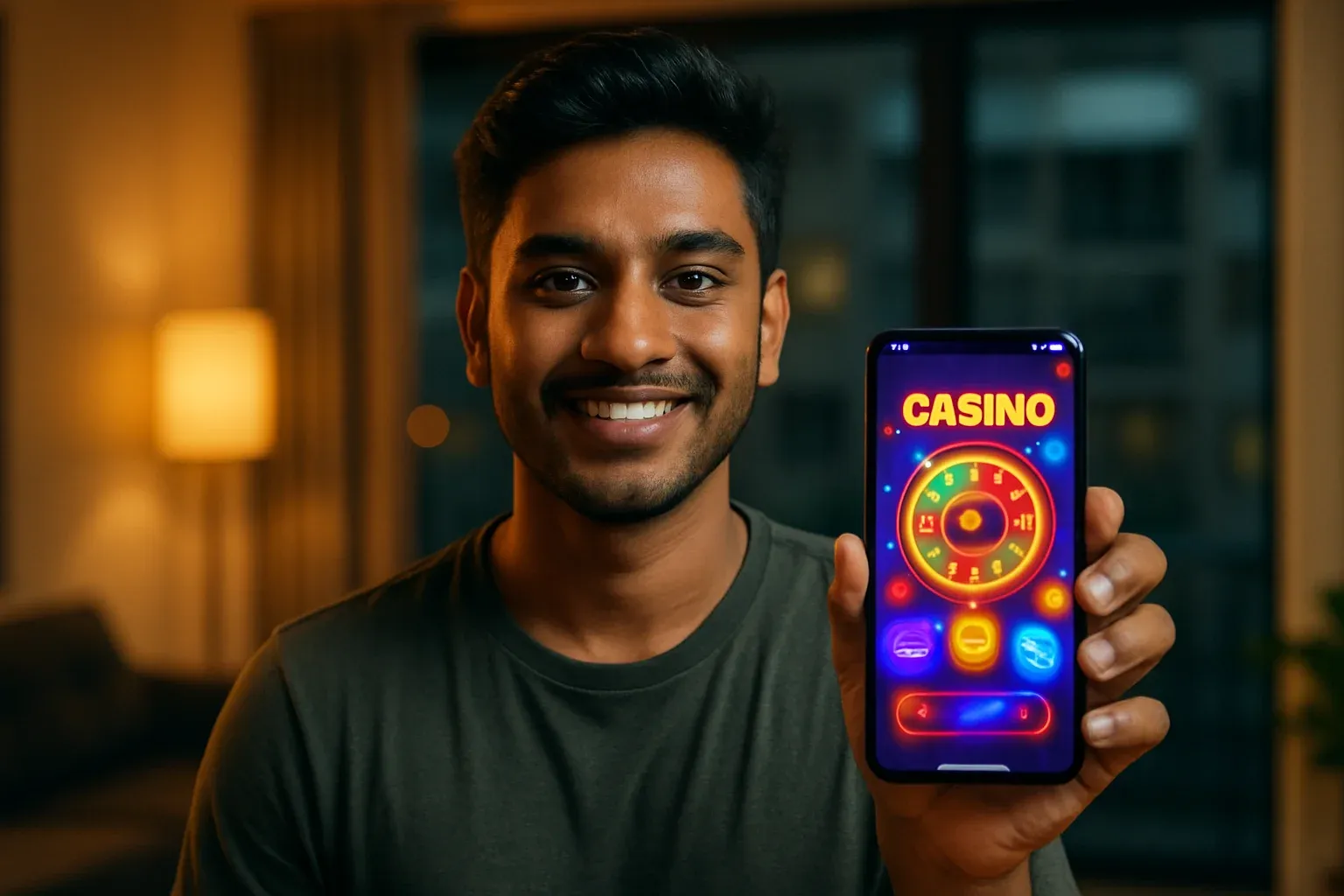 Young Bangladeshi man holding smartphone showing colorful casino app interface