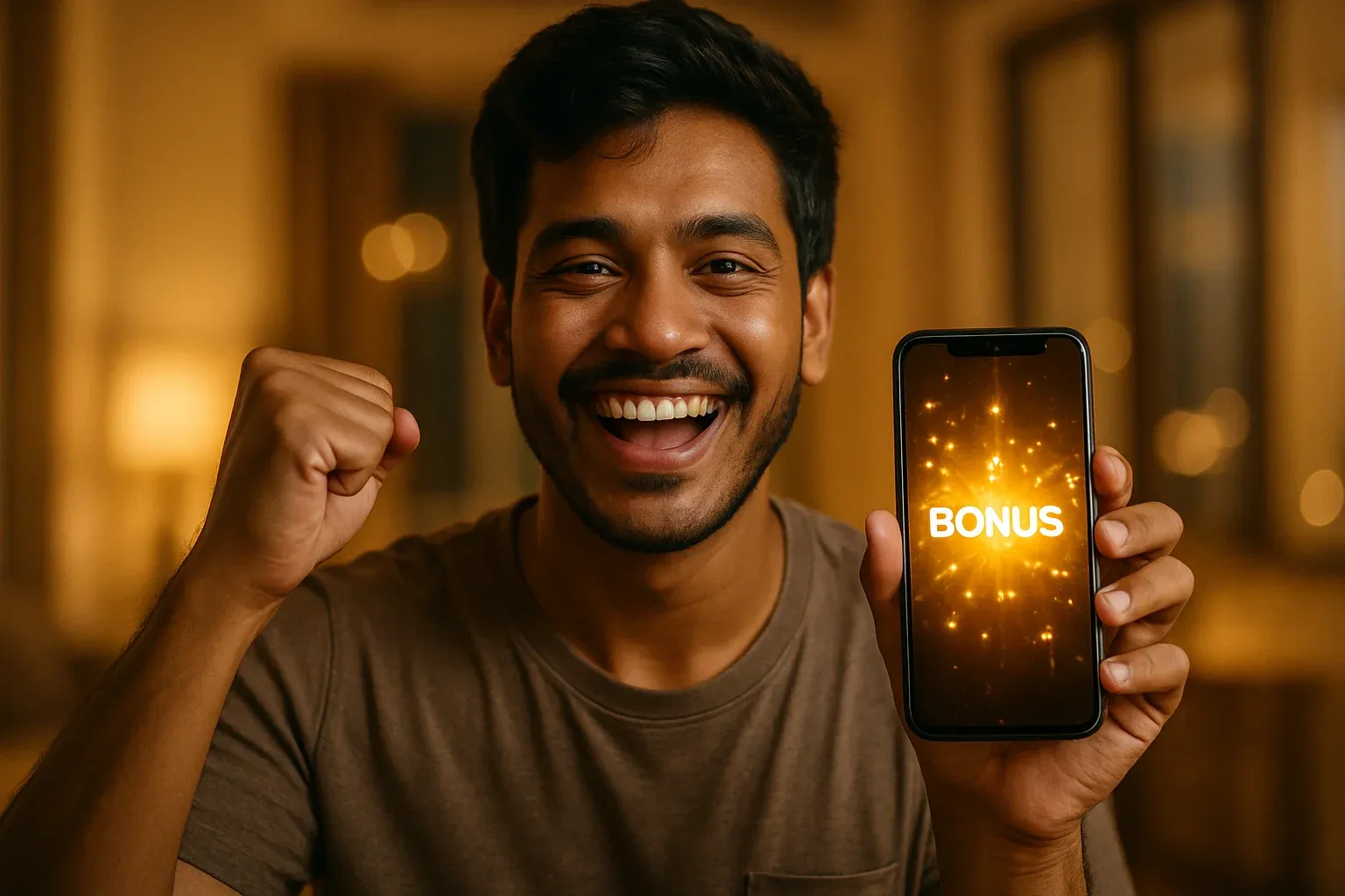 Joyful Bangladeshi man holding smartphone with glowing bonus notification screen