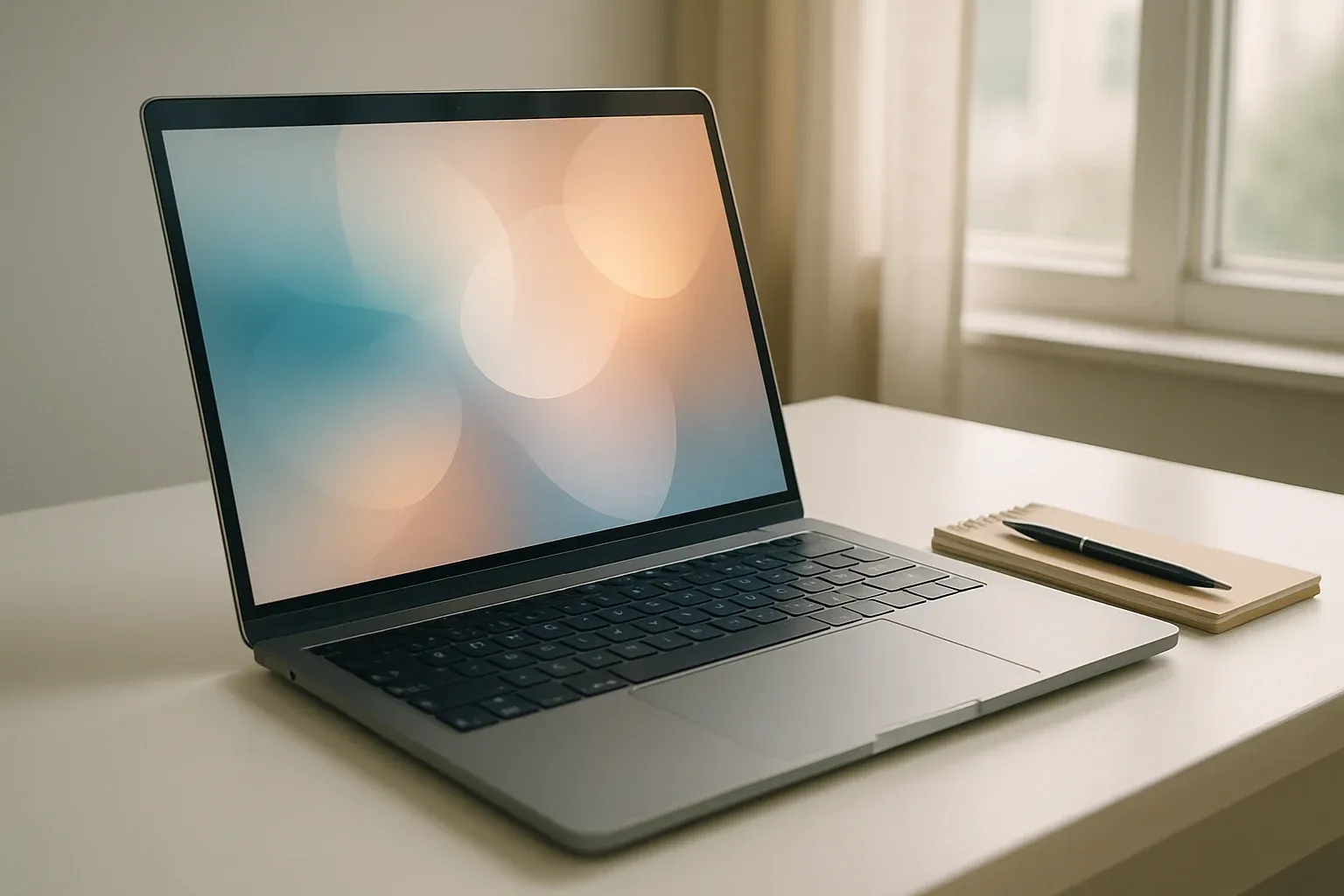 Modern laptop on white desk with pen and notepad in daylight
