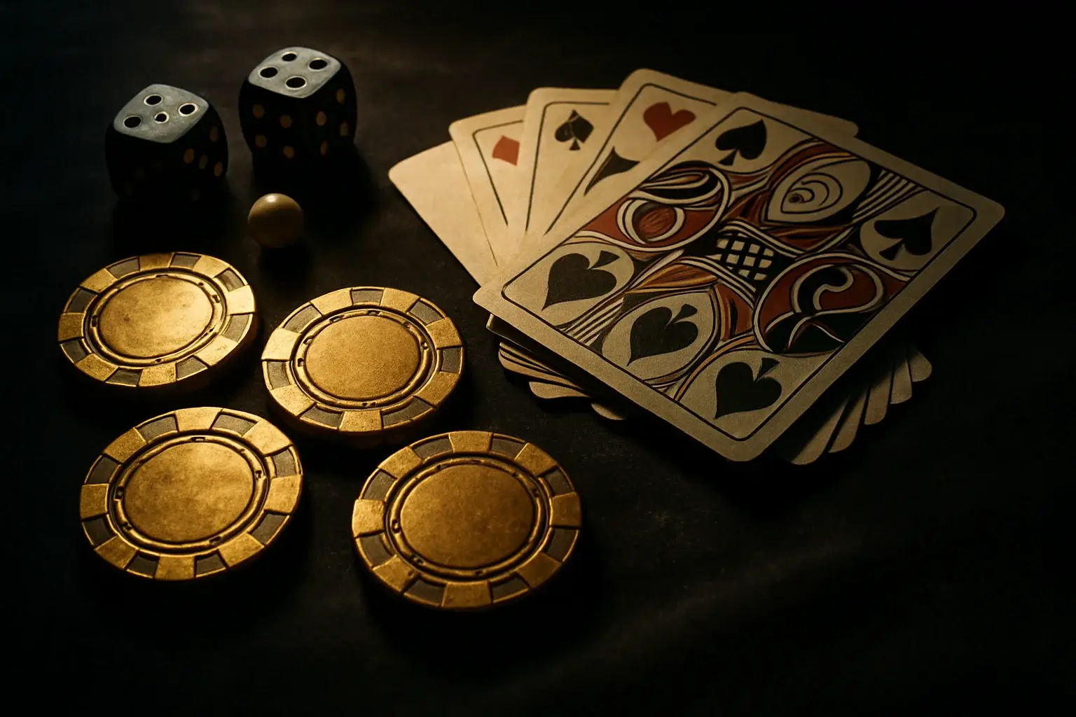 Top-down casino scene with chips, cards, dice, and roulette ball