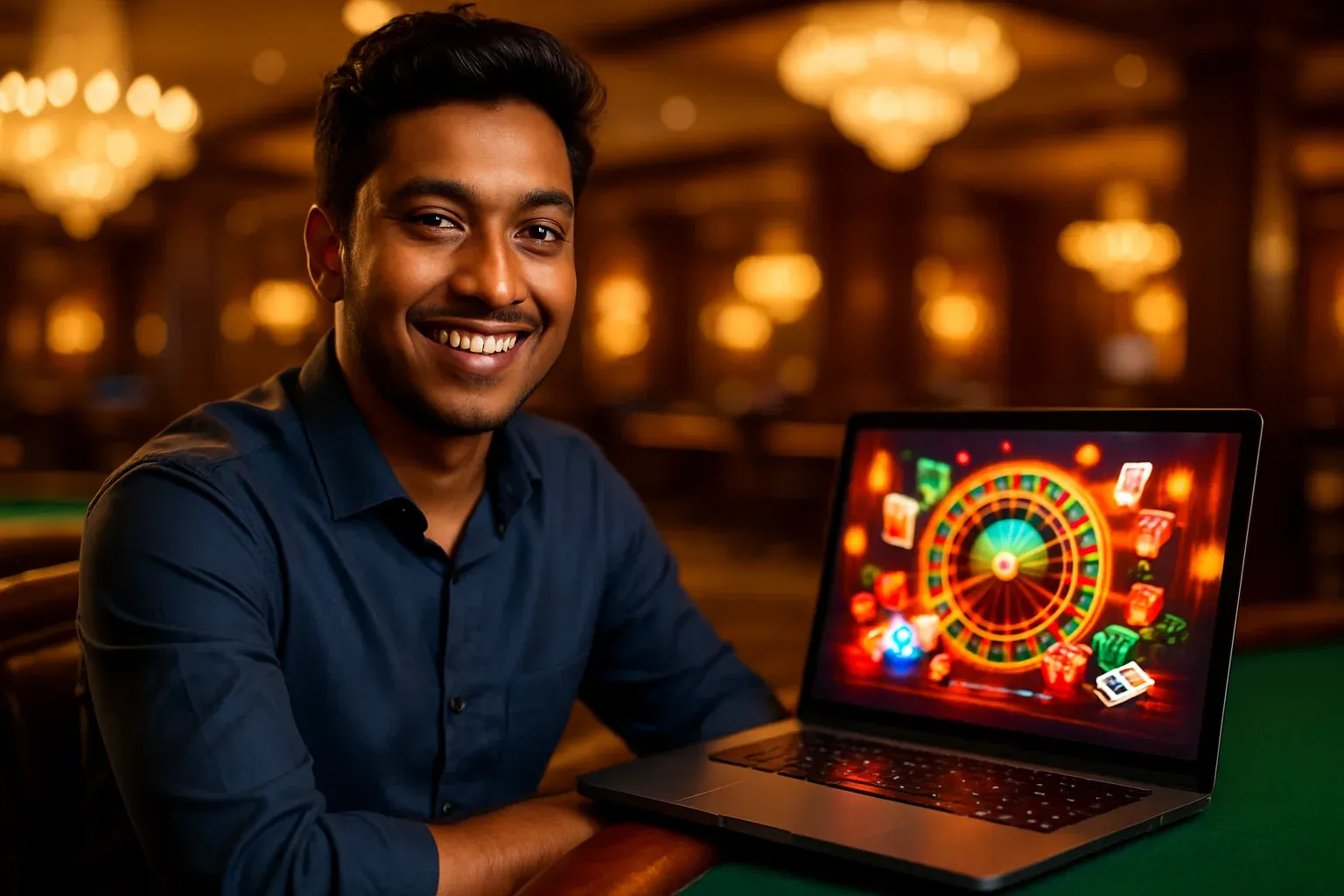 Cheerful Bangladeshi man with open laptop at premium casino lounge