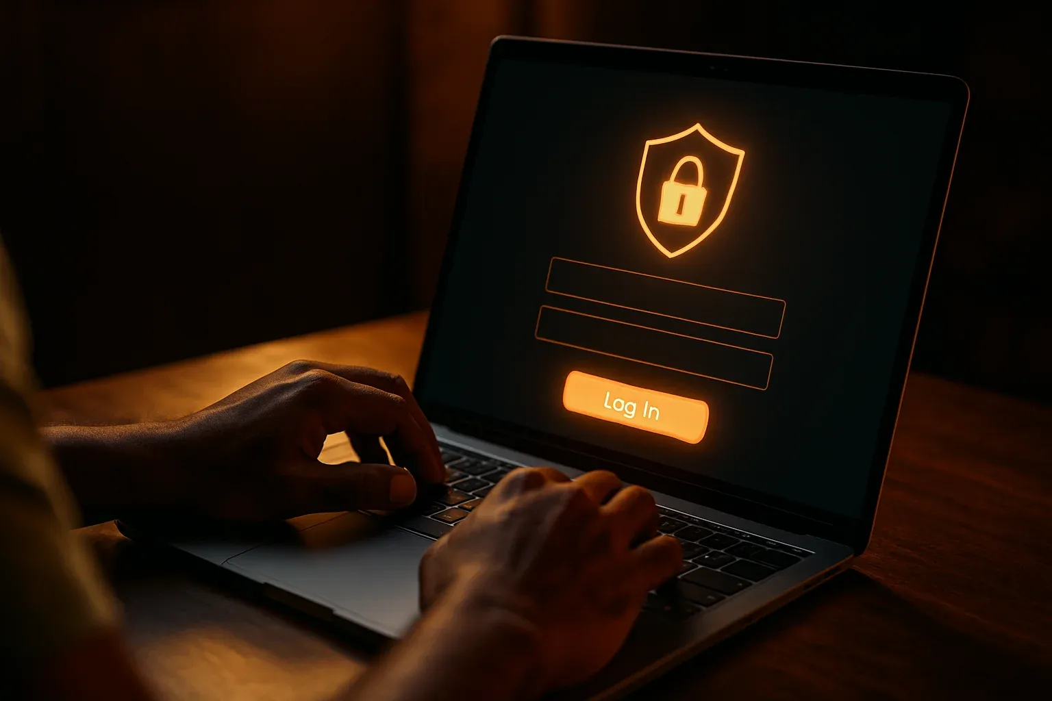 Bangladeshi man's hands on laptop showing stylized login screen form