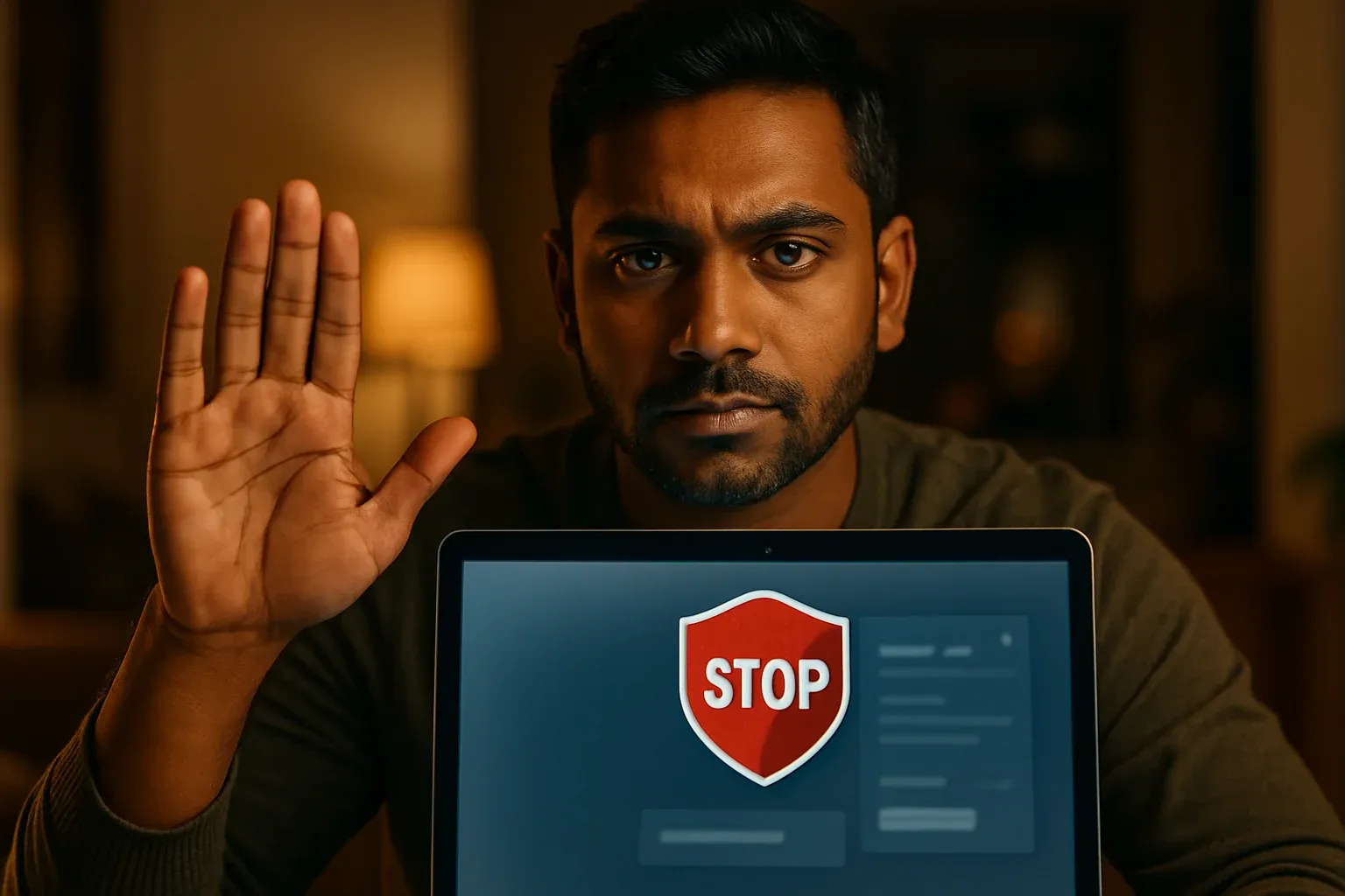 Bangladeshi man shows stop gesture beside laptop with responsible gambling screen