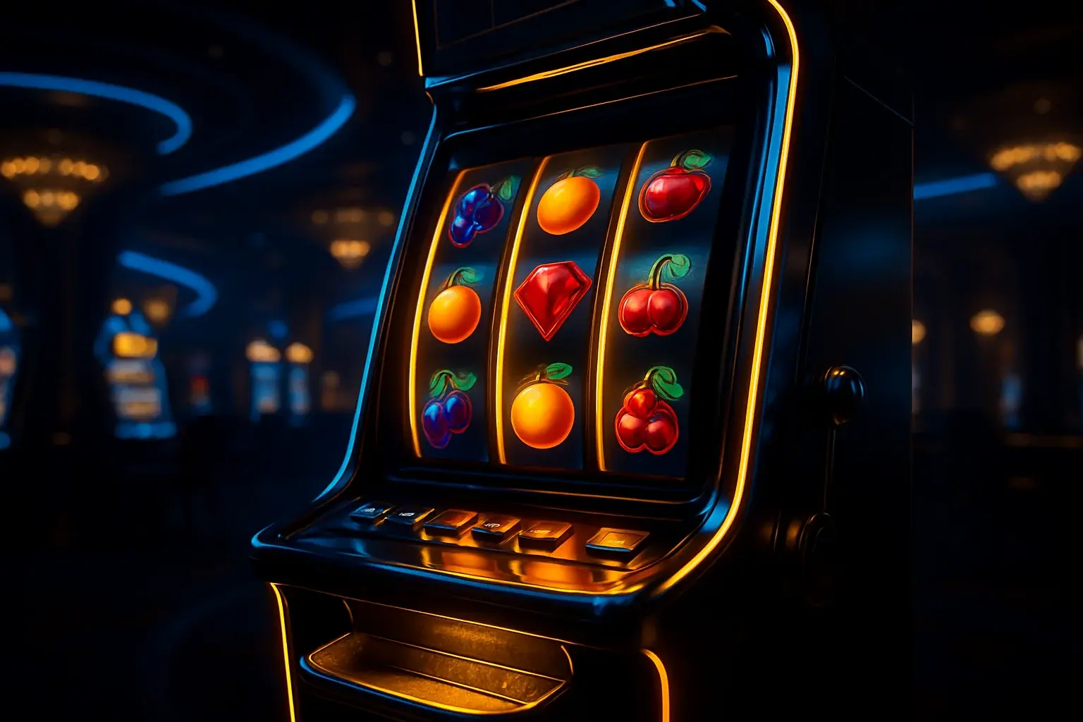 Hyperrealistic premium slot machine with glowing reels in dark luxury casino